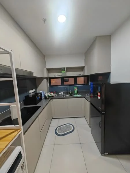 Kitchen features: white cabinetry, black countertop, stainless-steel sink, chrome pull-down faucet, built-in oven, freestanding range oven, refrigerator, ceramic tile flooring, recessed downlights, window with black frame, open shelving, kitchen island, decorative plants; style: modern.