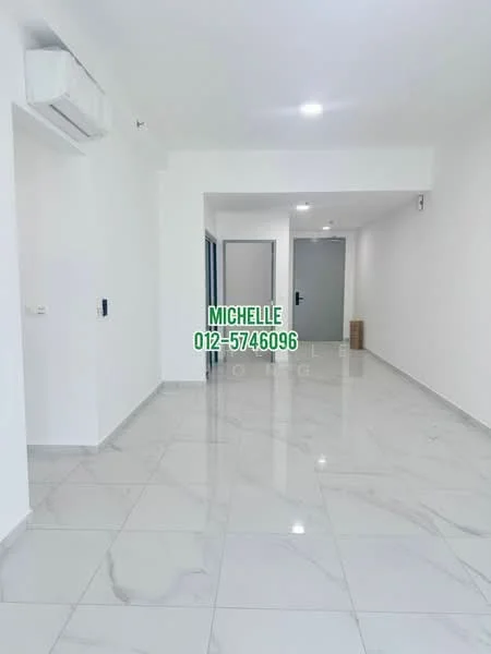 Room features: white painted walls, marble tile flooring, 1 wall-mounted split AC, recessed downlights, grey doors, open layout, neutral color scheme, no visible furniture; style: modern.