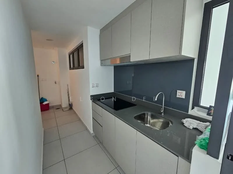 Kitchen features: grey cabinetry, black countertop, single-bowl stainless-steel sink, chrome pull-down faucet, built-in oven, ceramic tile flooring, white walls, window with black frame, recessed downlights; style: modern. Room features: ceramic tile flooring, white walls, window with black frame.