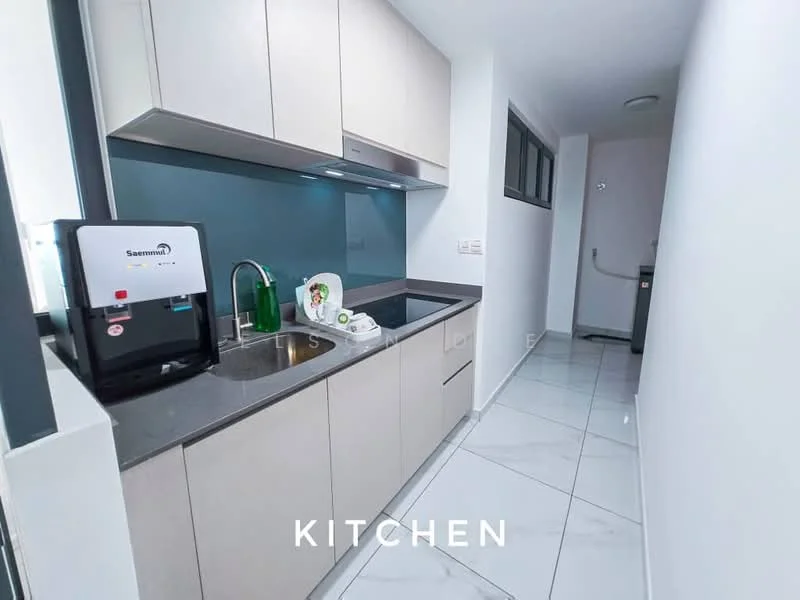 Kitchen features: single-bowl stainless-steel sink, chrome pull-down faucet, grey laminate cabinetry, black countertop, white tiled backsplash, built-in oven, stainless-steel refrigerator, marble tile flooring, recessed downlights, window with view to hallway, green glass vase, dish drying rack; style: modern.
