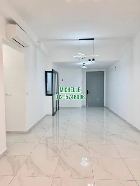 Living features: white painted walls, marble tile flooring, recessed downlights, 5-blade ceiling fan with light, sliding glass door, floor-to-ceiling windows, open layout, air conditioning unit; style: modern.