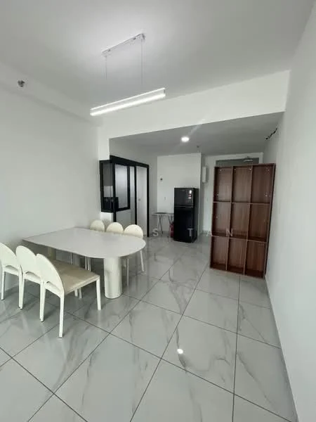 Dining features: white dining table, 4 white dining chairs, polished ceramic tile flooring, white painted walls, recessed ceiling lights, black refrigerator, wooden storage cabinet, open layout to living area; style: modern.