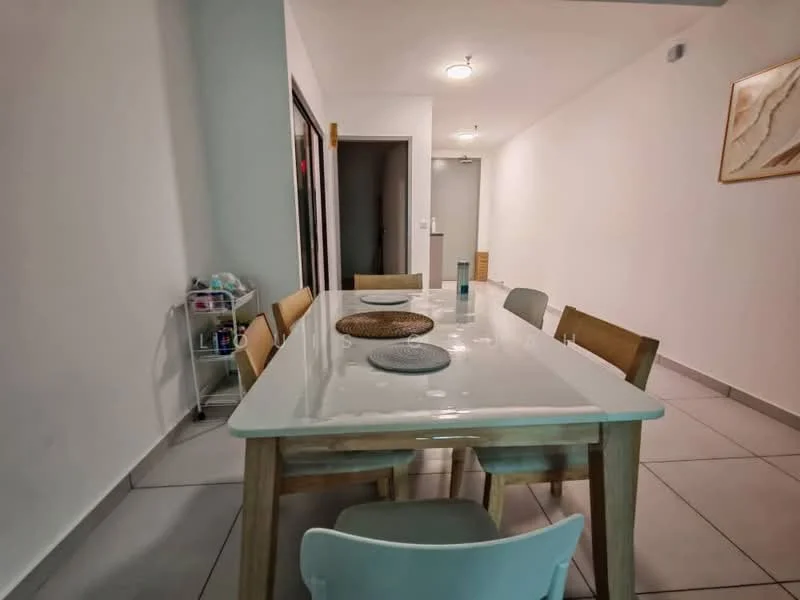 Dining features: white dining table, wooden dining chairs, round placemats, ceramic plates, glass vase, neutral wall color, tile flooring, recessed ceiling lights; style: modern. Hallway features: white painted walls, doorway leading to hallway, light fixture in ceiling.