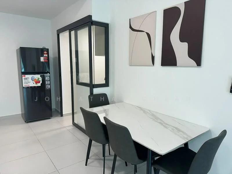 Dining features: marble dining table, 4 black upholstered dining chairs, white walls, tile flooring, framed abstract wall art, refrigerator, glass partition, natural light from adjacent room; style: modern.