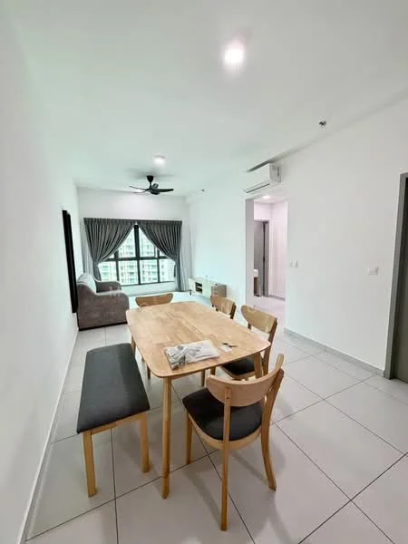 Dining features: rectangular wooden dining table, 4 wooden dining chairs, bench seating, grey upholstered cushions on bench, white painted walls, light grey tiled flooring, ceiling fan, floor-to-ceiling windows with sheer curtains, sofa in light grey fabric, wall-mounted air conditioning unit, decorative magazine on table; style: modern; view: city.