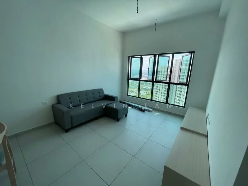 Living features: grey fabric sectional sofa, light-colored wooden TV console, large floor-to-ceiling windows, city view, white painted walls, tile flooring, ceiling fan, natural light; style: modern; view: city.