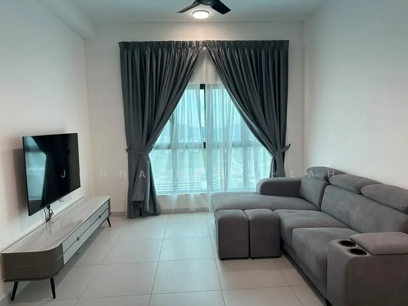 Living features: grey fabric sectional sofa, coffee table, wall-mounted TV, TV console with drawers, floor-to-ceiling windows, sheer curtains, blackout curtains, recessed downlights, light grey walls, white tiled flooring, ceiling fan; style: modern; view: city.