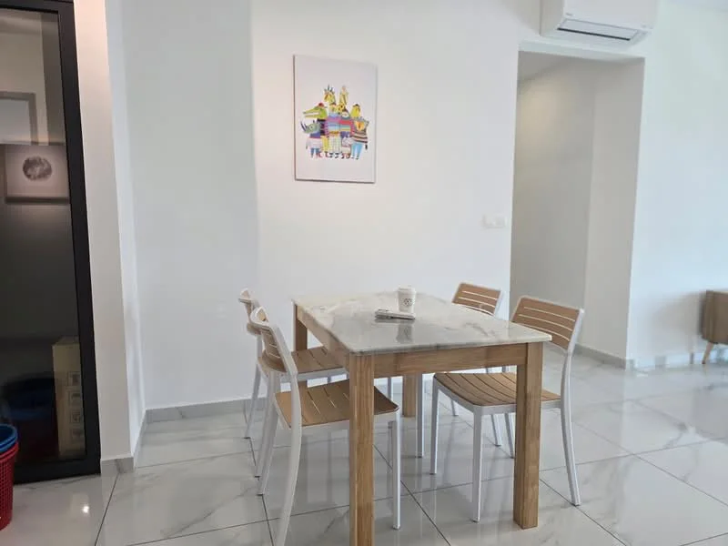 Dining features: white painted walls, marble tile flooring, 4-seater dining table with marble top, wooden dining chairs with white frames, decorative wall art, air conditioning unit, open layout, natural light from adjacent room; style: modern.