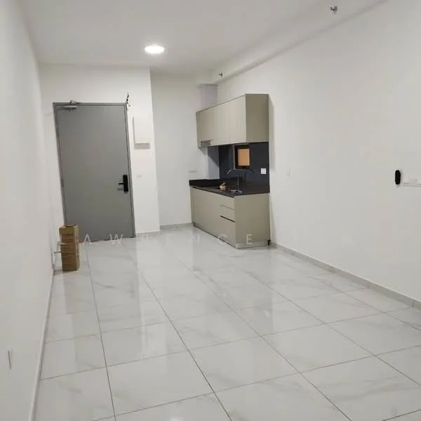 Kitchen features: white painted walls, grey cabinetry, black countertop, stainless-steel sink, chrome pull-down faucet, built-in kitchen cabinets, marble tile flooring, recessed downlights, open layout, floor-to-ceiling windows, door leading to hallway; style: modern.