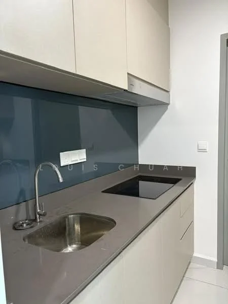 Kitchen features: single-bowl stainless-steel sink, chrome pull-down faucet, black countertop, light-colored cabinetry, blue backsplash, built-in cabinets, white walls, tile flooring; style: modern.