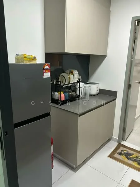 Kitchen features: grey laminate countertop, light beige cabinetry, stainless-steel fridge, white rice cooker, white kettle, dish rack with dishes, fire extinguisher, white wall tiles, grey backsplash, floor tiles, door to hallway; style: modern.