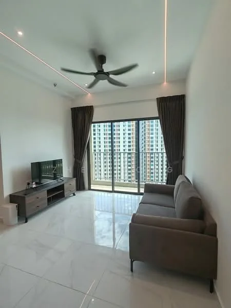 Living features: grey fabric 2-seater sofa, black TV console, wall-mounted TV, floor-to-ceiling windows, sliding glass door, curtains in dark brown, white painted walls, marble tile flooring, 5-blade ceiling fan with light, recessed LED downlights; style: modern; view: city.