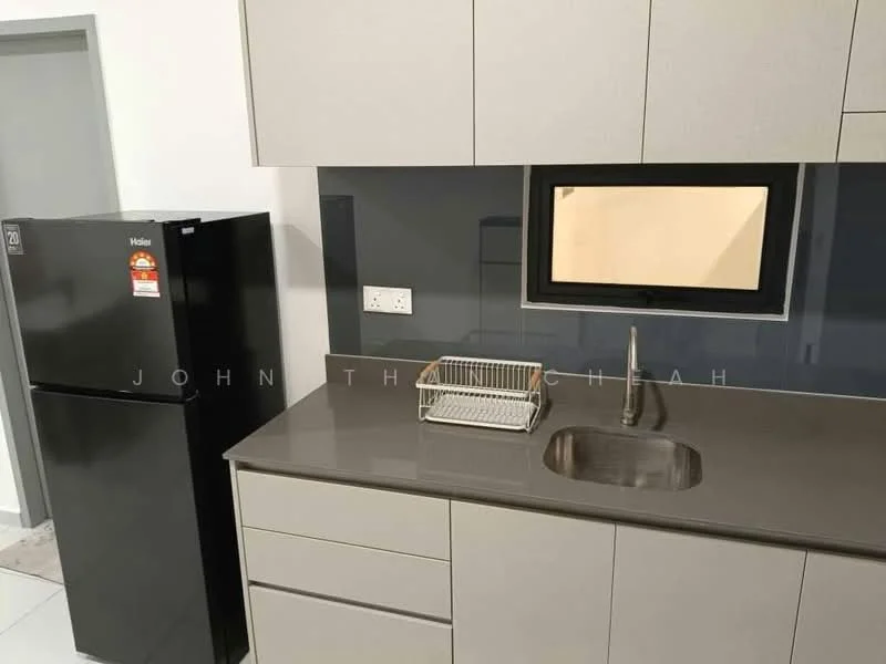 Kitchen features: black fridge, grey laminate countertop, single-bowl stainless-steel sink, chrome pull-down faucet, grey cabinetry, wall-mounted mirror, black backsplash, built-in electrical outlets; style: modern.