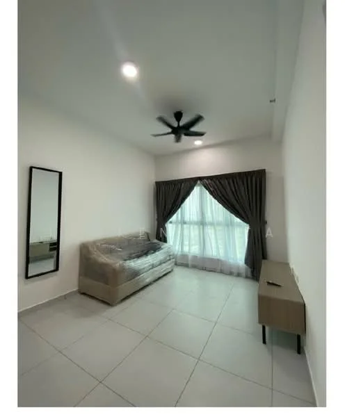 Living features: light grey tiled flooring, white painted walls, 5-blade ceiling fan with light, large window with sheer curtains, dark grey curtains, sofa with protective covering, wooden side table, full-length mirror; style: modern.