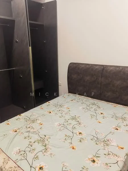 Bedroom features: queen-size bed, upholstered headboard, floral patterned bedspread, built-in wardrobe with sliding doors, dark wood cabinetry, neutral wall color, flooring not visible; style: modern.