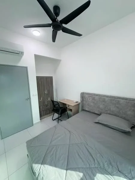 Bedroom features: king-size bed with grey bedding, upholstered headboard, study desk with chair, wall-mounted air conditioning unit, 5-blade ceiling fan, white painted walls, tile flooring, built-in wardrobe, window with natural light; style: modern.