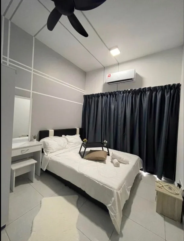 Bedroom features: queen-size bed with white bedding, black upholstered headboard, white bedside table, dressing table with mirror, black curtains, 5-blade ceiling fan, wall-mounted split AC, tile flooring, decorative throw pillow, area rug, white wall with grey accent, recessed ceiling lights; style: modern.