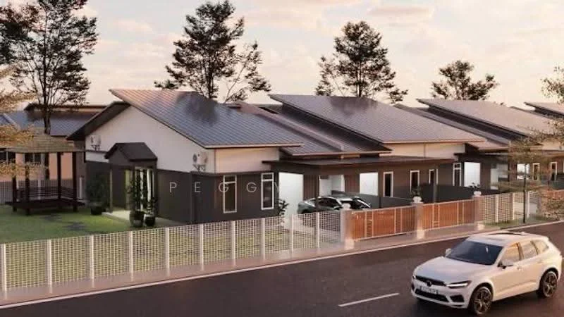Exterior type: linked terrace house; features: flat roof, solar panels on roof, cream painted facade, wooden fence, manicured lawn, paved driveway, two-car porch, landscaped garden, outdoor seating area, street view, surrounded by trees; style: modern.