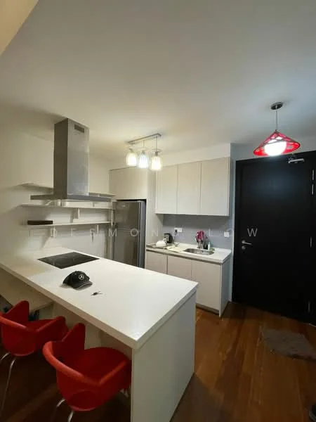 Kitchen features: white cabinetry, stainless-steel refrigerator, stainless-steel range hood, white countertop, kitchen island with seating, red bar stools, built-in oven, pendant lighting, wooden flooring, single-bowl stainless-steel sink, chrome pull-down faucet; style: modern.