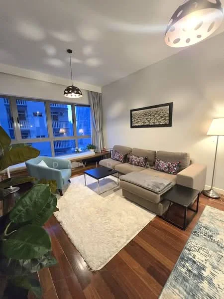 Living features: 3-seater fabric sofa in beige, 2 accent chairs in light blue, coffee table with metal legs, area rug with fluffy texture, wooden side table, floor lamp with white shade, framed artwork on wall, large windows with sheer curtains, wooden flooring, ceiling light fixture with polka dots; style: modern; view: city.