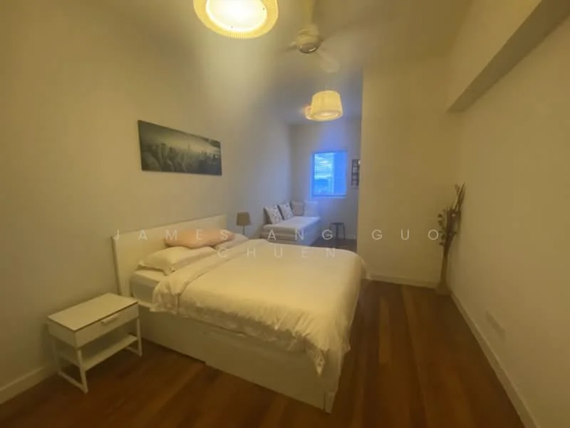 Bedroom features: queen-size bed with white bedding, white wooden bed frame, nightstand with drawer, wooden flooring, ceiling fan with light, two pendant lights, window with blinds, decorative wall art, built-in wardrobe, upholstered seating area; style: modern.