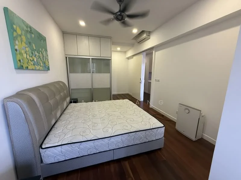 Bedroom features: king-size bed, upholstered headboard, wooden flooring, white painted walls, ceiling fan, built-in wardrobe with glass doors, air conditioning unit, recessed downlights; style: modern.