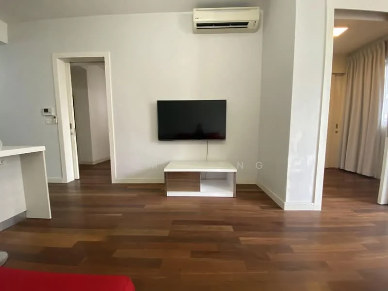 Living features: wooden flooring, white painted walls, wall-mounted TV, TV console, 1 wall-mounted split AC, recessed lighting, curtains, open layout, doorway to adjacent room; style: modern.