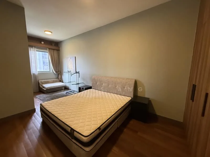 Bedroom features: queen-size bed frame without mattress, wooden flooring, light green painted walls, floor-to-ceiling window with sheer curtains, side table with lamp, foldable sofa, area rug, built-in wardrobe; style: modern.