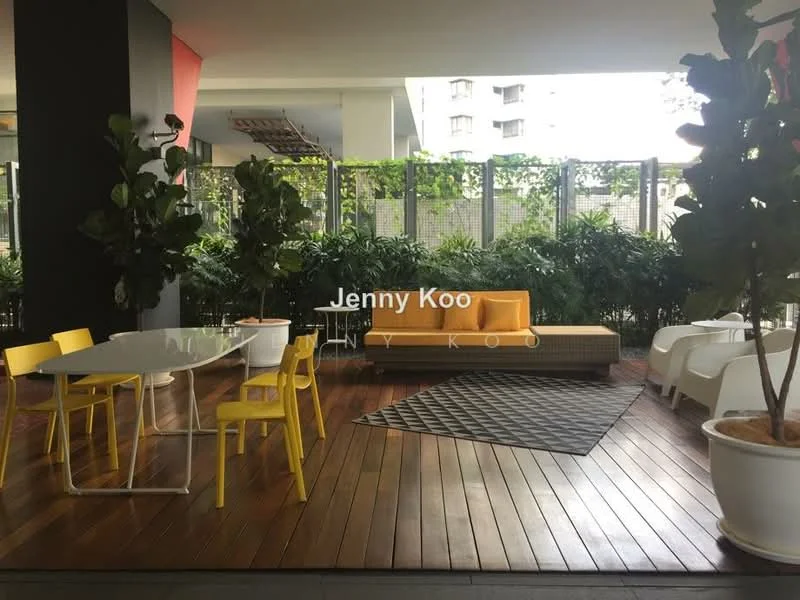 Room features: outdoor seating area, yellow sofa, white armchairs, glass dining table, yellow dining chairs, wooden flooring, decorative plants, geometric area rug, greenery backdrop, covered space; style: modern; view: garden.