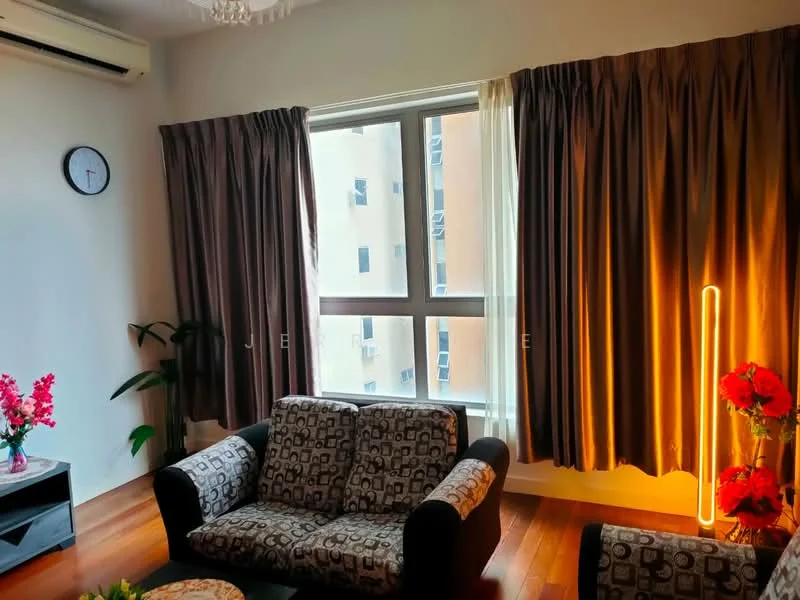 Living features: 3-seater fabric sofa in black and grey, wooden coffee table, floor-to-ceiling windows, dark brown curtains, light-colored walls, wooden flooring, wall clock, indirect lighting, decorative plants, LED floor lamp, framed artwork, area rug; style: modern.