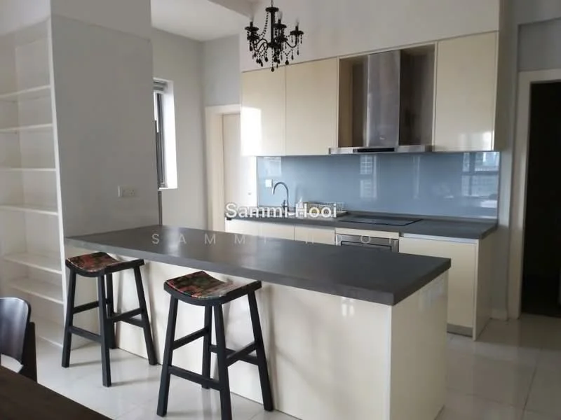 Kitchen features: white cabinetry, grey countertop, stainless-steel range hood, built-in oven, 4-burner gas hob, single-bowl stainless-steel sink, chrome pull-down faucet, glass backsplash, bar stools, open shelving, pendant light fixture, tile flooring; style: modern.