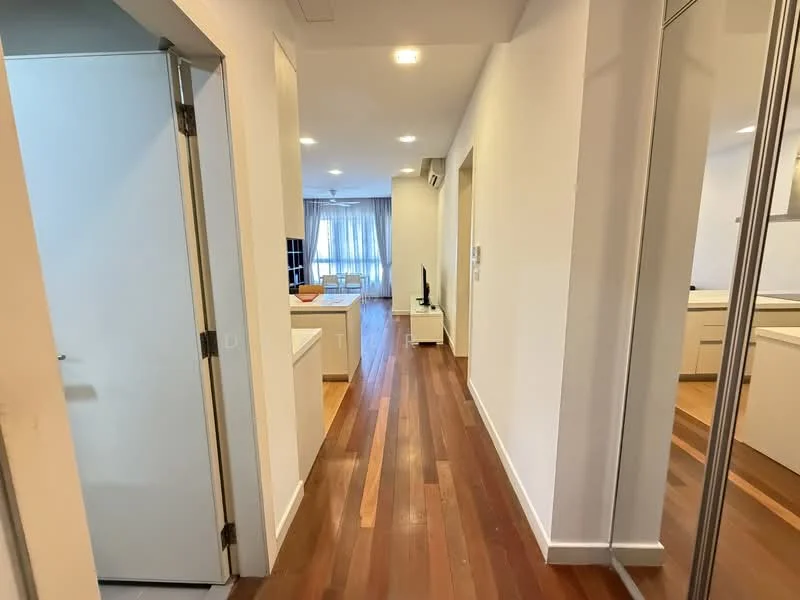 Room features: wooden flooring, white painted walls, recessed downlights, open layout, doorway leading to another room, wall-mounted TV, large windows with sheer curtains, air conditioning unit; style: modern.