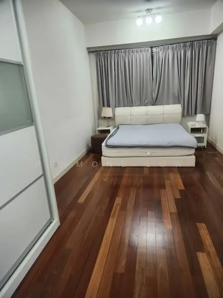 Bedroom features: queen-size bed with light-colored headboard, wooden flooring with mixed tones, floor-to-ceiling window with grey curtains, nightstand with lamp, built-in wardrobe with sliding doors, recessed ceiling lights; style: modern.