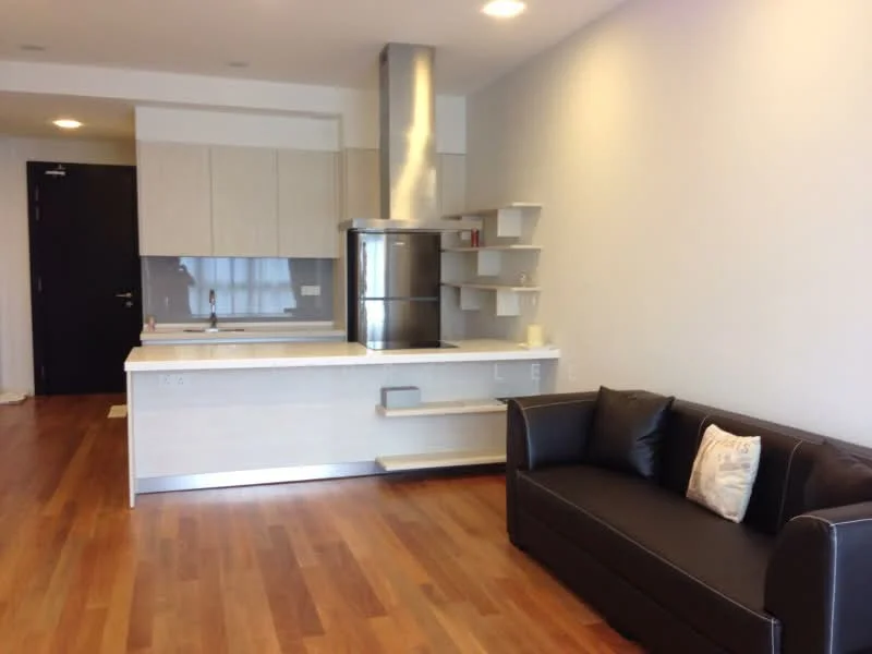 Living features: dark leather sofa, wooden flooring, white painted walls, open shelving unit, stainless-steel kitchen hood, kitchen island with countertop, recessed ceiling lights; style: modern. Kitchen features: white cabinetry, stainless-steel refrigerator, built-in oven, ceramic cooktop, single-bowl stainless-steel sink, chrome pull-down faucet; style: modern.