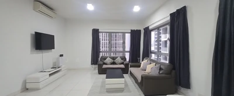Living features: white painted walls, tile flooring, 5-blade ceiling fan with light, floor-to-ceiling windows, blackout curtains, light grey area rug, 3-seater fabric sofa in brown, 2-seater fabric sofa in grey, decorative cushions in various colors, white TV console, wall-mounted TV, coffee table with black top, LED recessed downlights; style: modern; view: city.