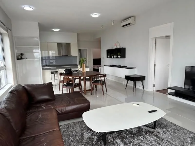 Living features: brown leather sofa, white coffee table, area rug with geometric pattern, wall-mounted TV, TV console, dining table with chairs, recessed downlights, floor-to-ceiling windows, air conditioning unit, light grey painted walls, ceramic tile flooring; style: modern; view: city. Kitchen features: white cabinetry, stainless-steel appliances, grey countertop, built-in oven, 4-burner gas hob, kitchen island, pendant lighting, open shelving; style: modern.