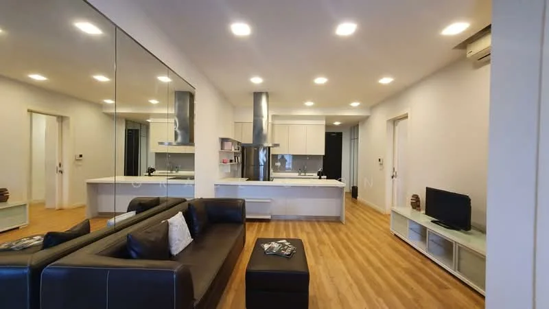 Living features: 3-seater leather sofa in dark brown, coffee table, wall-mounted TV, light wood flooring, recessed LED downlights, mirrored wall, open-plan layout to kitchen, air conditioning unit; style: modern. Kitchen features: white cabinetry, stainless-steel range hood, built-in oven, freestanding range oven, white countertop, double-bowl stainless-steel sink, chrome pull-down faucet, open shelving, kitchen island; style: modern.