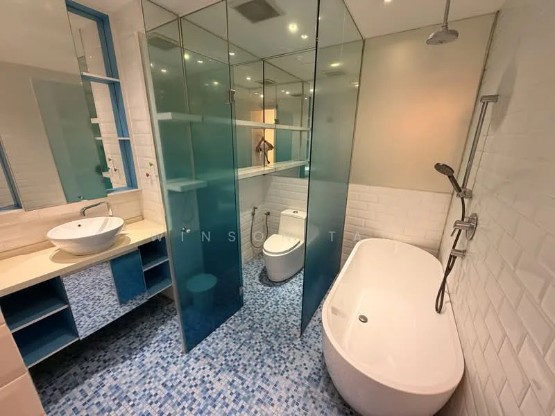 Bathroom features: freestanding bathtub, walk-in shower with glass enclosure, chrome handheld shower, wall-mounted toilet, single-sink vanity with vessel sink, mirror above vanity, blue mosaic tile flooring, white subway tile walls, recessed lighting, glass shelving, frosted glass partition; style: modern.