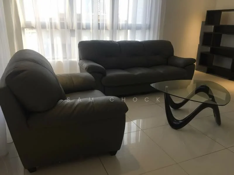 Living features: 3-seater fabric sofa in grey, 2-seater fabric sofa in grey, glass coffee table with curved black base, white walls, white sheer curtains, polished ceramic tile flooring, floor-to-ceiling windows, decorative shelving unit; style: modern.