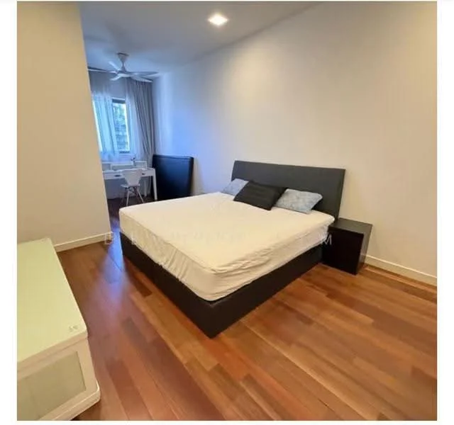 Bedroom features: queen-size bed, upholstered headboard, two bedside tables, wooden flooring, white painted walls, ceiling fan, window with sheer curtains, decorative pillows; style: modern.