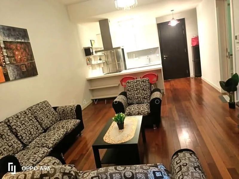 Living features: 3-seater fabric sofa with geometric pattern, 2-seater fabric sofa with geometric pattern, coffee table with decorative surface, wooden flooring, recessed ceiling lights, chandelier, wall-mounted artwork, potted plant, open layout to kitchen, floor-to-ceiling windows, white painted walls; style: modern. Kitchen features: white cabinetry, stainless-steel sink, built-in oven, freestanding range oven, countertop with bar seating, open shelving, refrigerator, tile backsplash; style: modern.