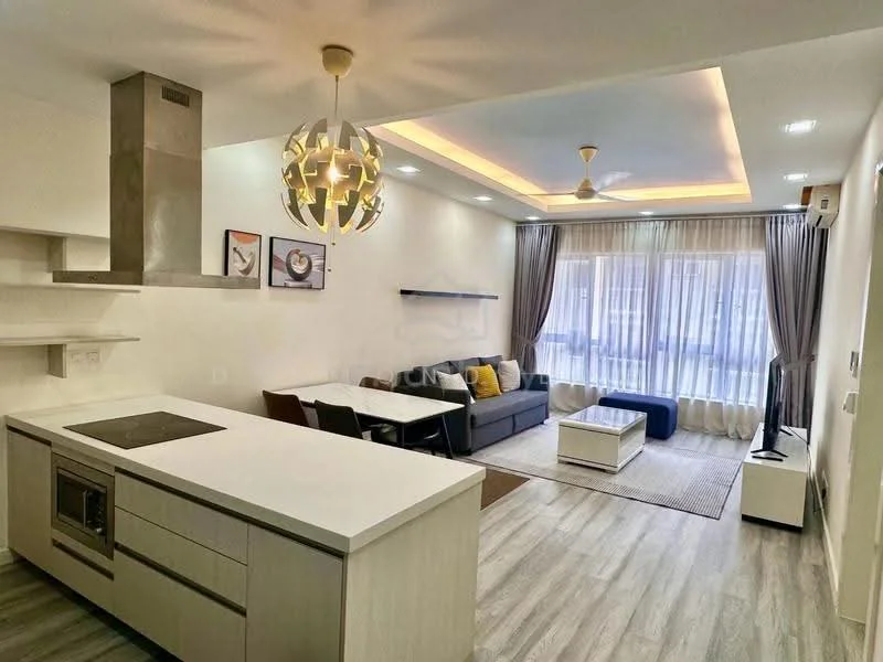 Living features: open-plan layout, grey fabric sofa, white coffee table, area rug, wall-mounted TV, shelving unit, 5-blade ceiling fan with light, recessed downlights, floor-to-ceiling windows with sheer curtains, light wood flooring, kitchen island with built-in stove, stainless-steel range hood; style: modern.