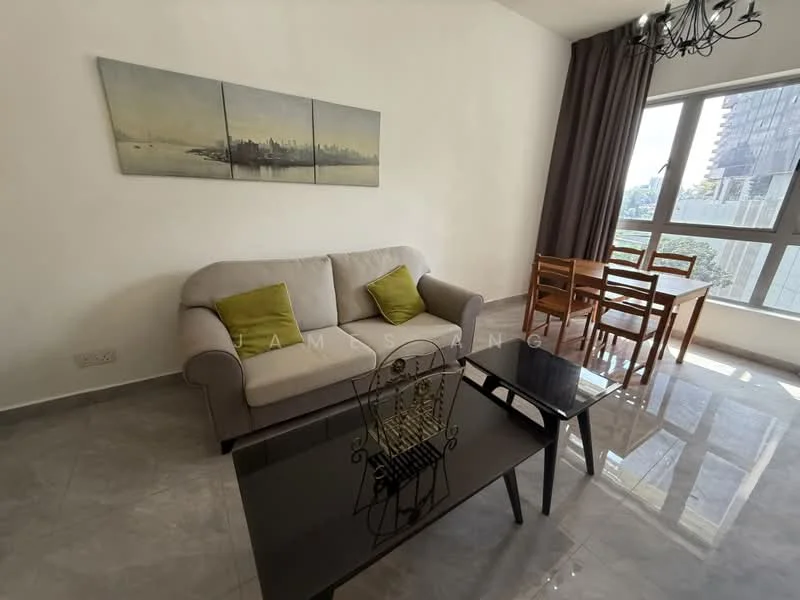 Living features: grey fabric 3-seater sofa, 2 green accent cushions, black glass coffee table, wooden dining table for 4, wooden dining chairs, large windows with city view, light grey tiled flooring, white painted walls, chandelier with multiple bulbs, framed artwork on wall; style: modern; view: city.