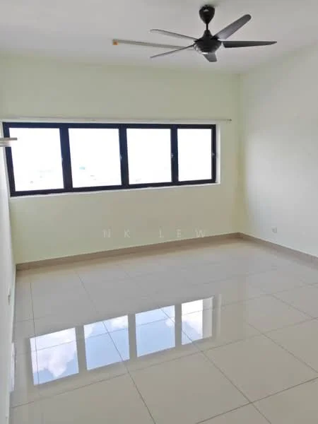 Room features: light green painted walls, white ceiling, floor-to-ceiling windows, black ceiling fan, glossy ceramic tile flooring, no visible furniture, natural light from windows; style: modern; view: city.