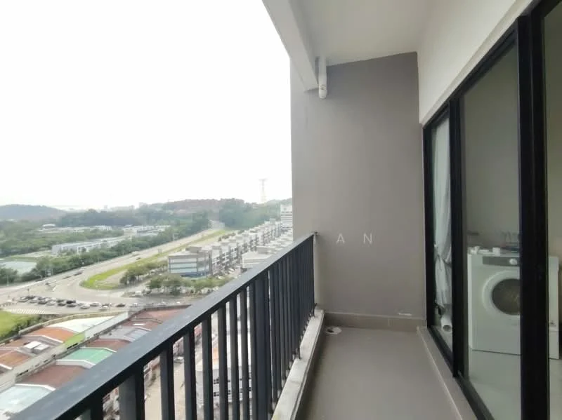 Room features: balcony, grey painted walls, floor-to-ceiling windows, concrete flooring, washing machine, city view; view: city.