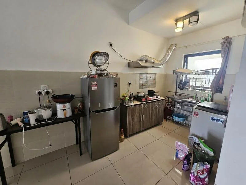 Kitchen features: stainless-steel fridge, built-in oven, freestanding range oven, kitchen cabinets in wood finish, countertop with tile surface, sink with faucet, exhaust hood, wall-mounted shelving, ceramic tile flooring, window with curtain, cooking appliances, rice cooker, microwave; style: modern.