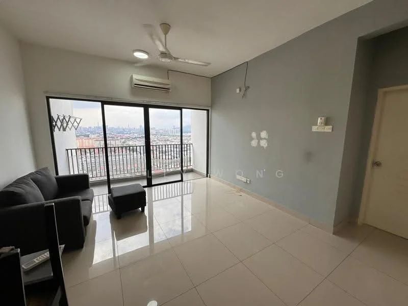 Living features: 3-seater fabric sofa in black, ottoman in black, floor-to-ceiling windows, sliding glass door, white painted walls, grey accent wall, recessed downlights, ceiling fan, glossy tile flooring, air conditioning unit, balcony access, decorative wall with patches; style: modern; view: city.