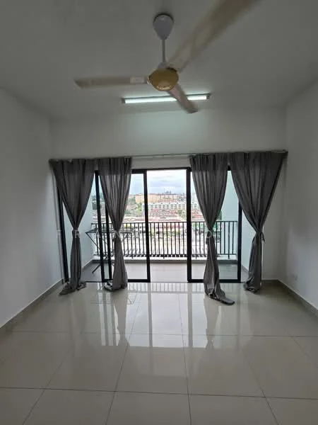 Living features: white painted walls, glossy tile flooring, 5-blade ceiling fan with light, floor-to-ceiling windows, sliding glass door, sheer curtains, blackout curtains, balcony view; style: modern; view: city.