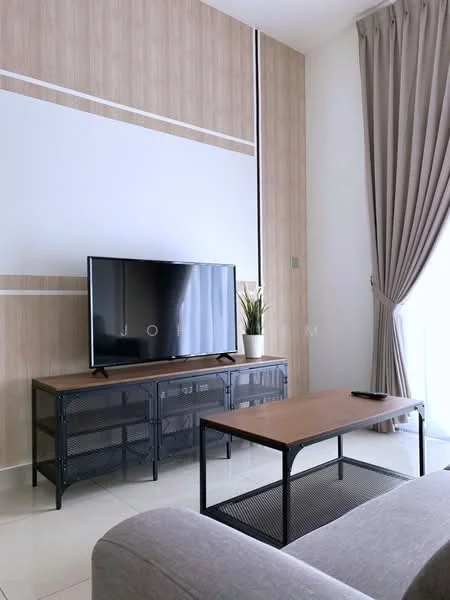 Living features: grey fabric sofa, wooden coffee table, black metal TV console, flat-screen TV, light-colored tiled flooring, wood panel accent wall, floor-to-ceiling windows, sheer curtains, decorative plant in pot; style: modern.