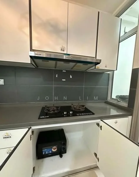 Kitchen features: white cabinetry, stainless-steel countertop, built-in gas hob with two burners, stainless-steel range hood, grey tiled backsplash, microwave oven, under-cabinet lighting, open shelving, sliding window, floor-to-ceiling cabinet, modern cabinet handles; style: modern.